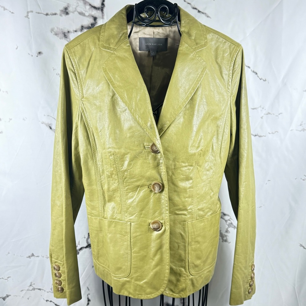 Ann Taylor Leather Jacket 3-Button Up Front Light Olive Green Lined SEE FLAWS